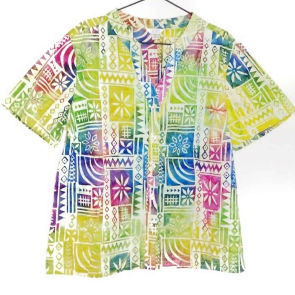Christopher & Banks Batik V-Neck Short Sleeve Button Down Shirt Size XL (18)